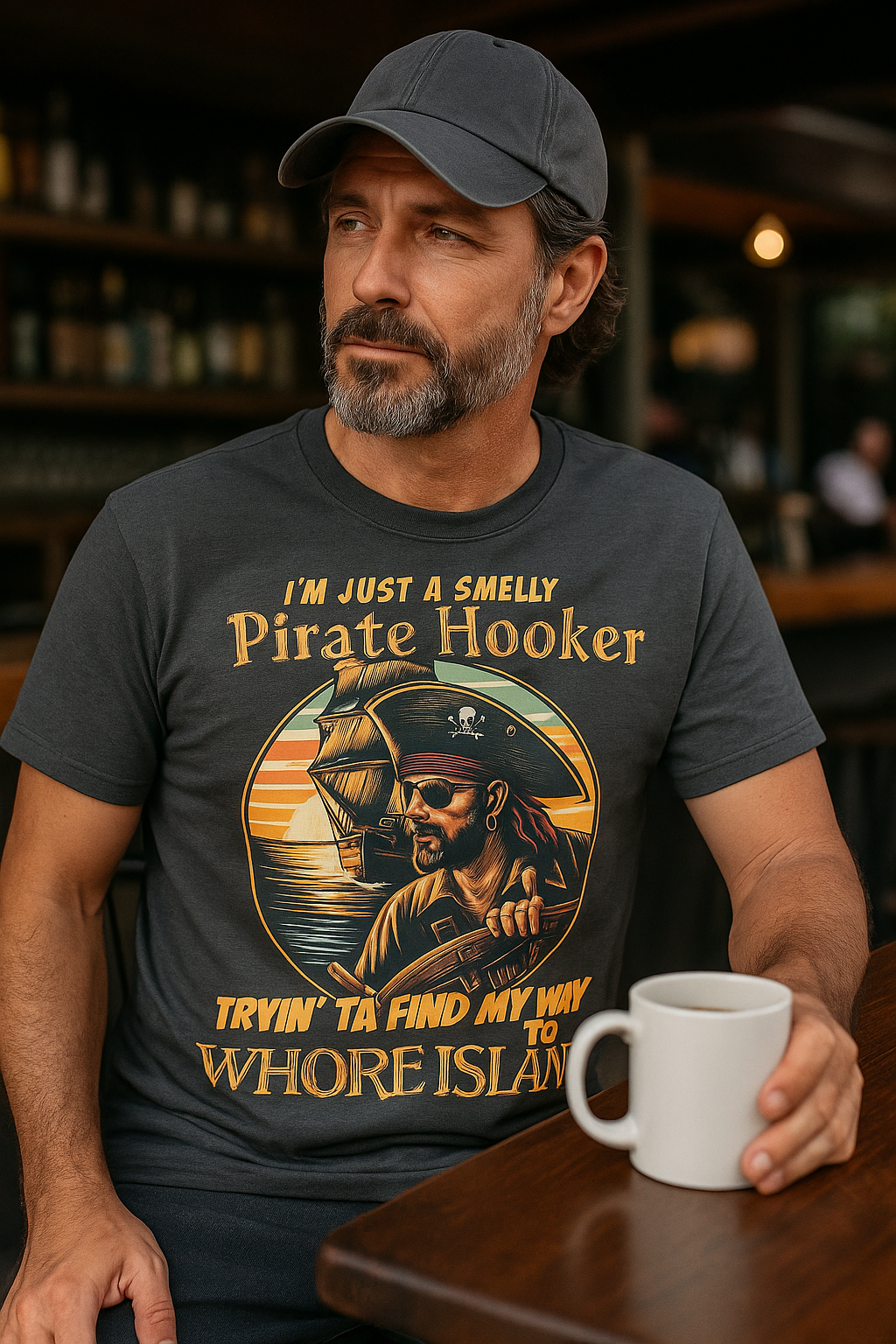 Garment-dyed Comfort Colors tee with a bearded pirate in a sunset vignette and Whore Island wordmark