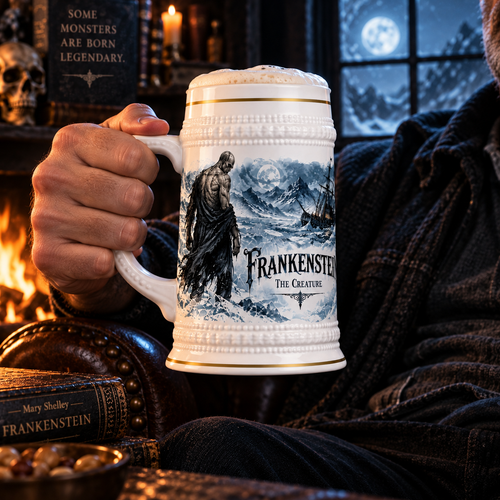 22oz ceramic beer stein with gold trim and arctic gothic Frankenstein artwork