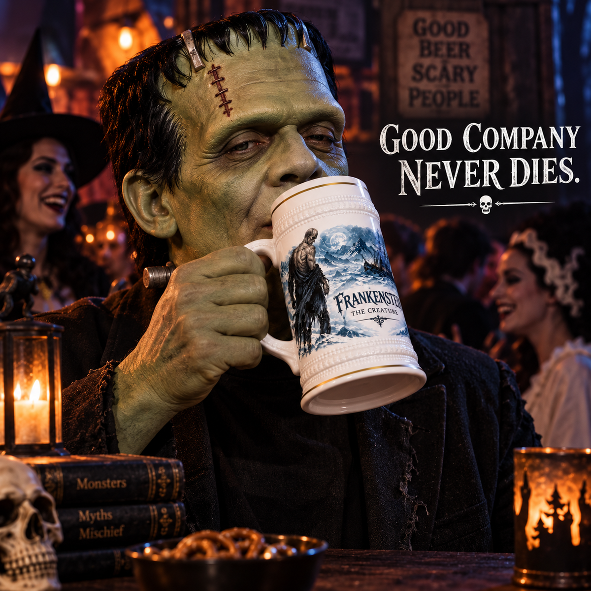 Frankenstein arctic gothic 22oz ceramic beer stein with gold trim, alternate view