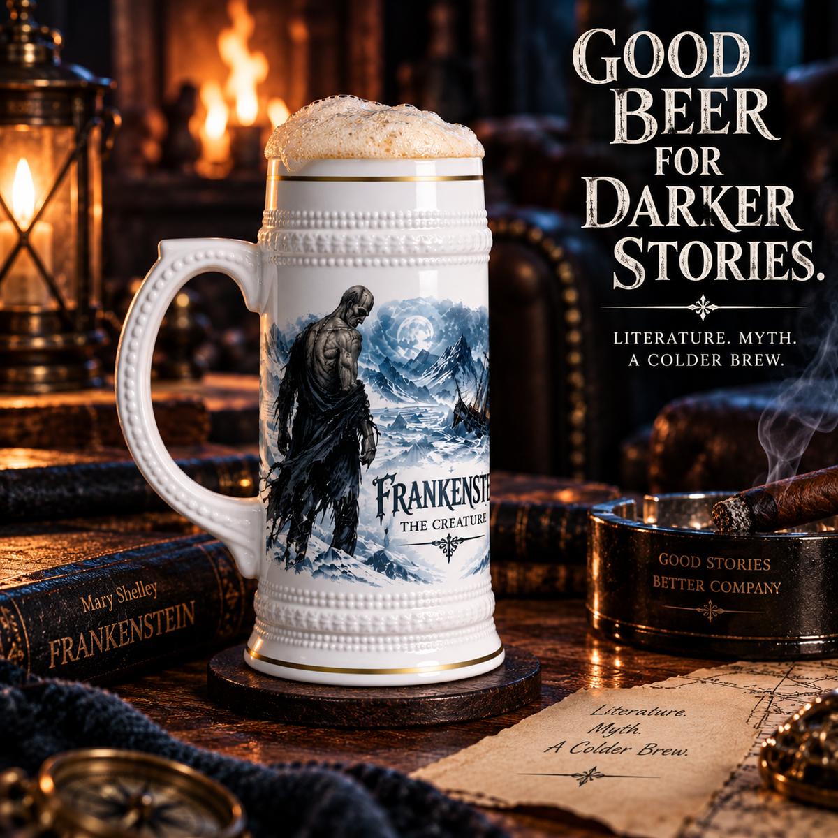 Frankenstein arctic gothic 22oz ceramic beer stein with gold trim, alternate view