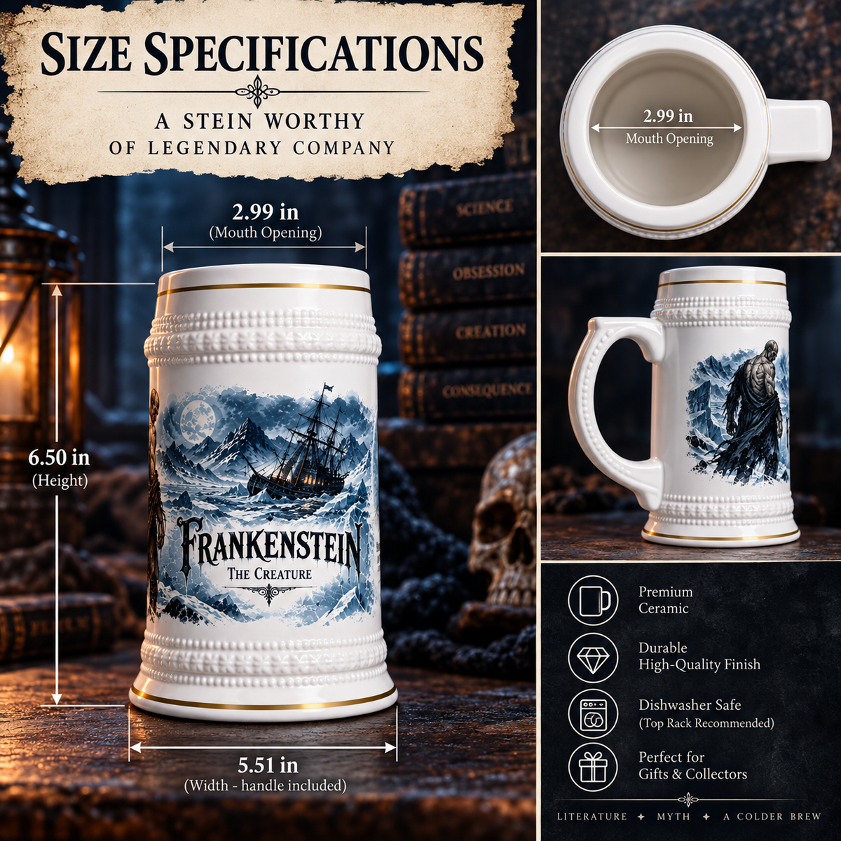Frankenstein arctic gothic 22oz ceramic beer stein with gold trim, alternate view