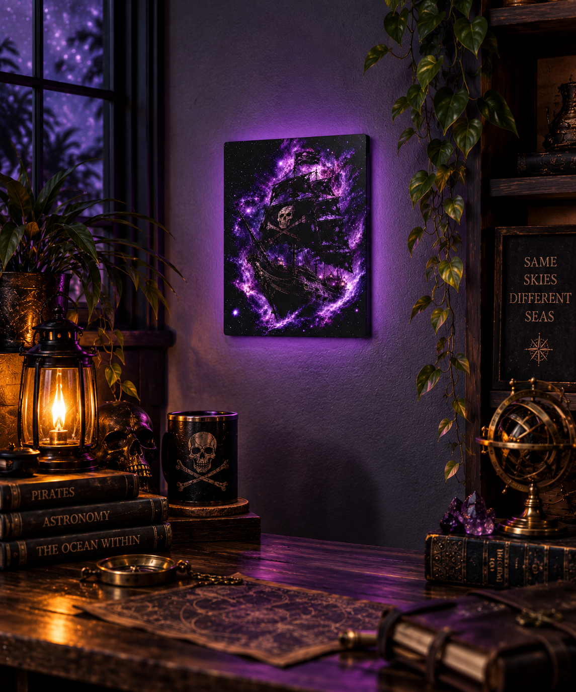 Metal wall art panel printed with a purple nebula galaxy and a ghostly pirate galleon