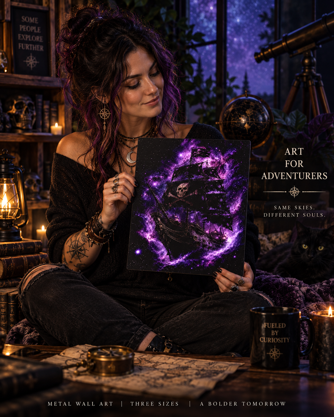 Galaxy pirate ship metal wall art, purple nebula ghost galleon on aluminum, alternate view