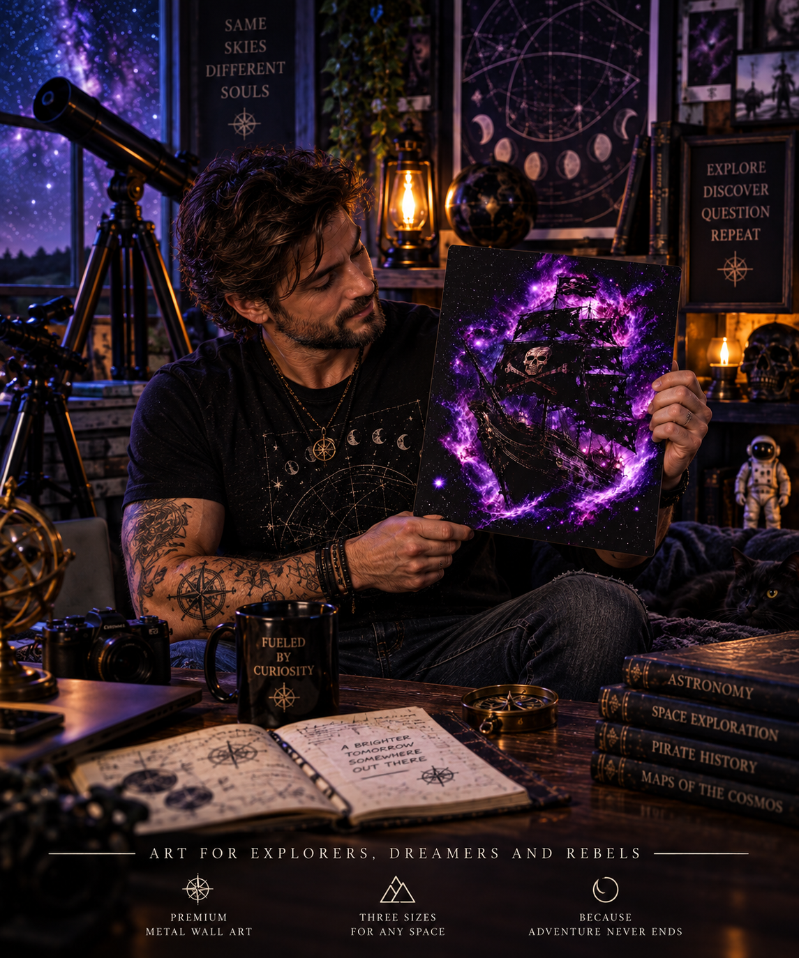 Galaxy pirate ship metal wall art, purple nebula ghost galleon on aluminum, alternate view