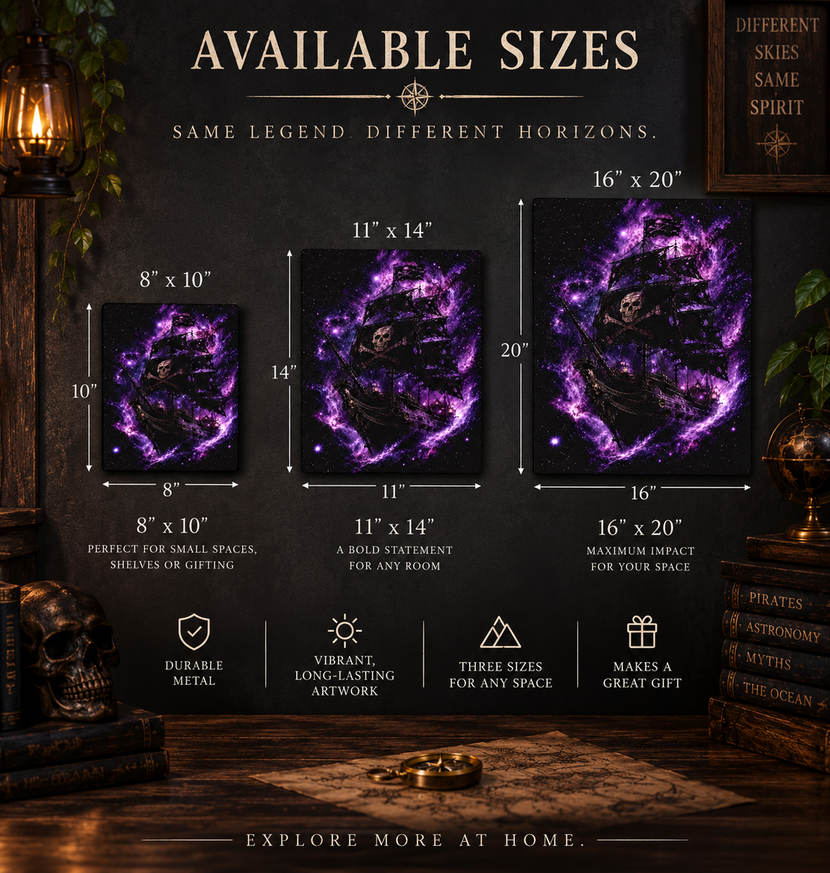 Galaxy pirate ship metal wall art, purple nebula ghost galleon on aluminum, alternate view