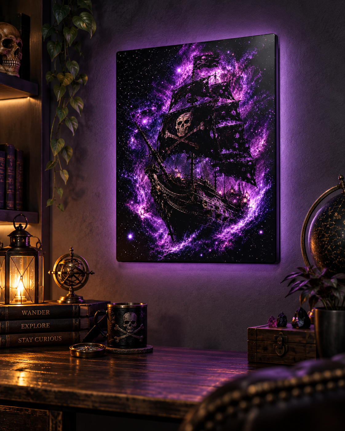 Galaxy pirate ship metal wall art, purple nebula ghost galleon on aluminum, alternate view