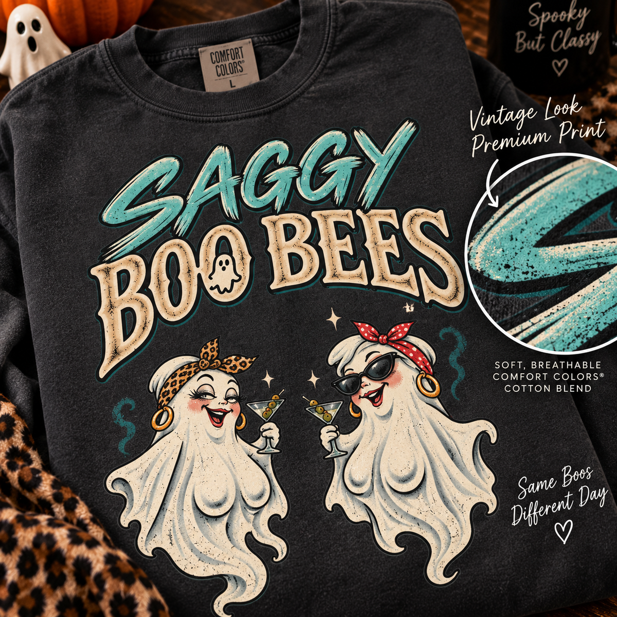 Saggy Boo Bees ghost bee Comfort Colors crewneck sweatshirt, alternate view