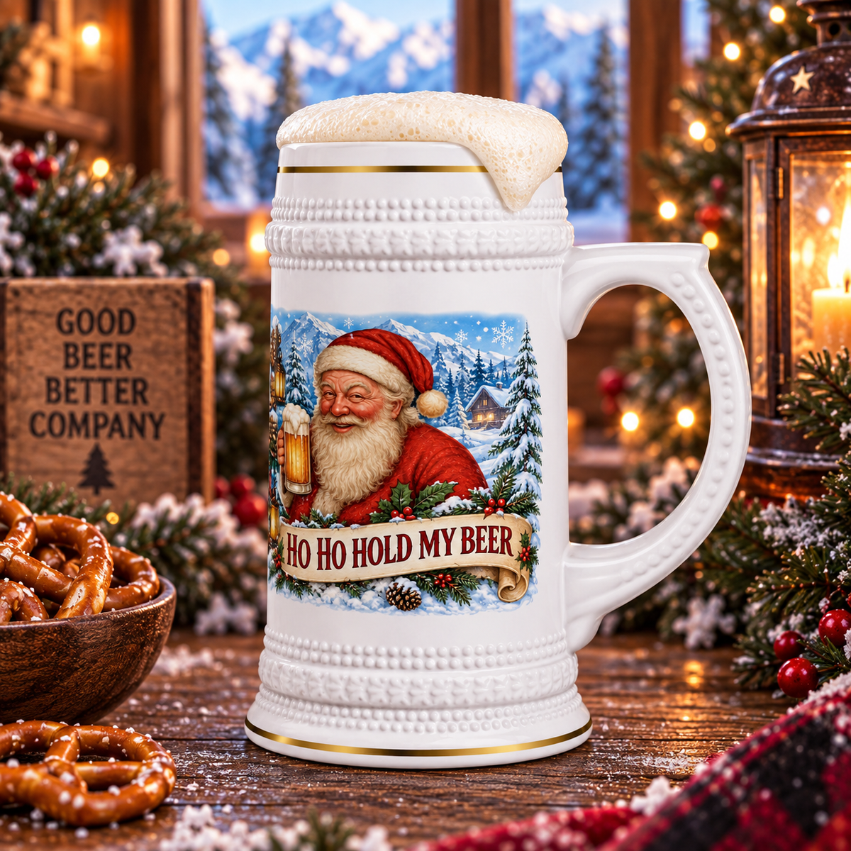 Ho Ho Hold My Beer Santa Stein 22oz - Wraparound Christmas Ceramic Mug with Hidden Joke - Funny Gag Gift for the Guy Who Has Everything