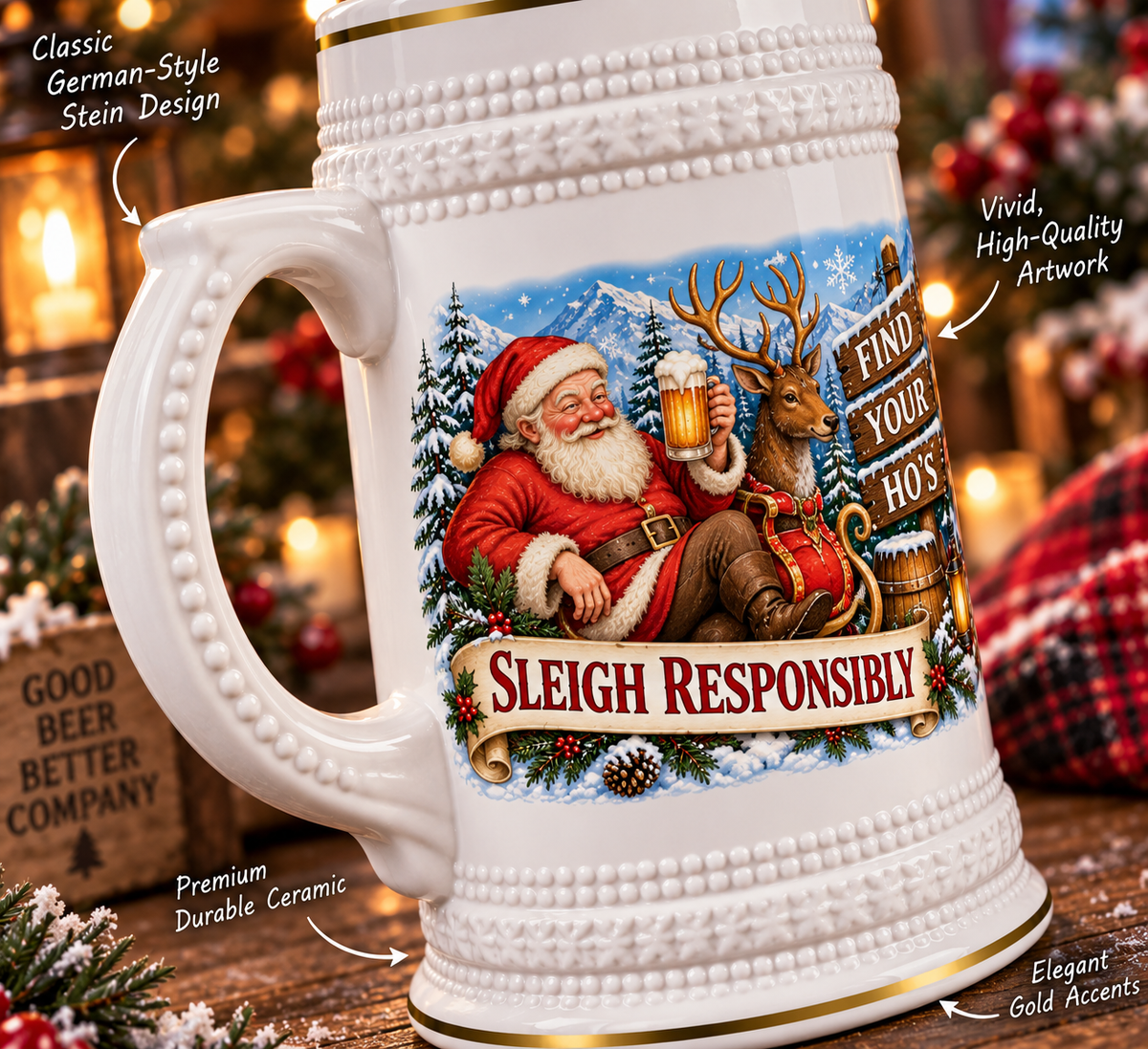 Ho Ho Hold My Beer Santa Stein 22oz - Wraparound Christmas Ceramic Mug with Hidden Joke - Funny Gag Gift for the Guy Who Has Everything