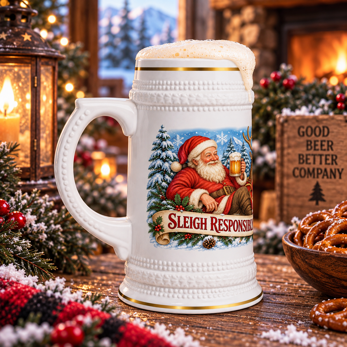 Ho Ho Hold My Beer Santa Stein 22oz - Wraparound Christmas Ceramic Mug with Hidden Joke - Funny Gag Gift for the Guy Who Has Everything