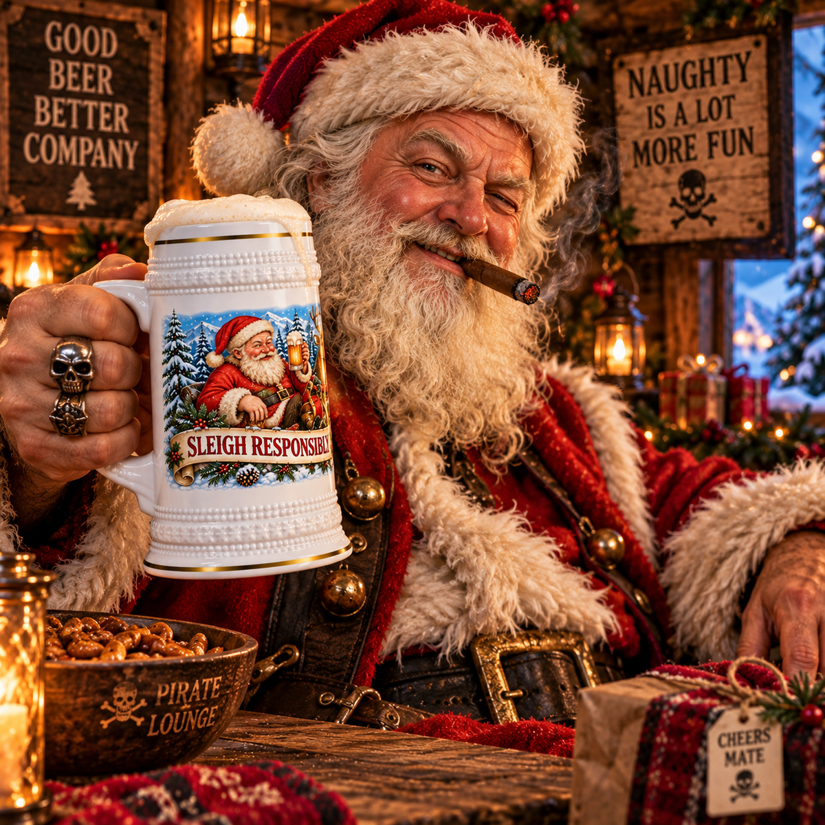 Ho Ho Hold My Beer Santa Stein 22oz - Wraparound Christmas Ceramic Mug with Hidden Joke - Funny Gag Gift for the Guy Who Has Everything