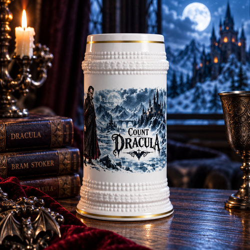 22oz ceramic beer stein with gold trim and Carpathian winter Dracula artwork