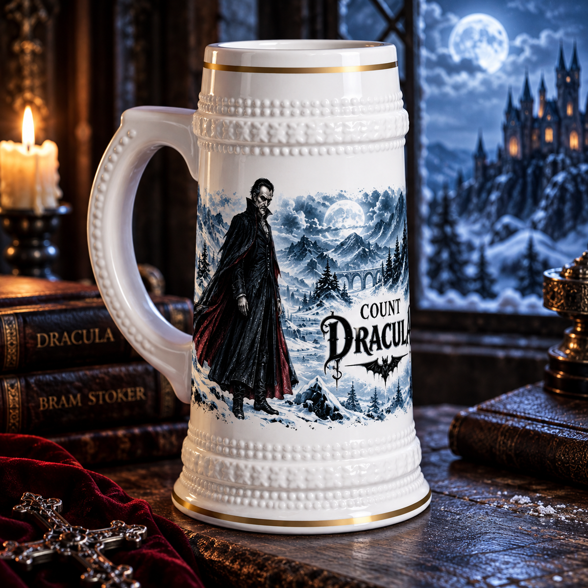Dracula Carpathian winter 22oz ceramic beer stein with gold trim, alternate view