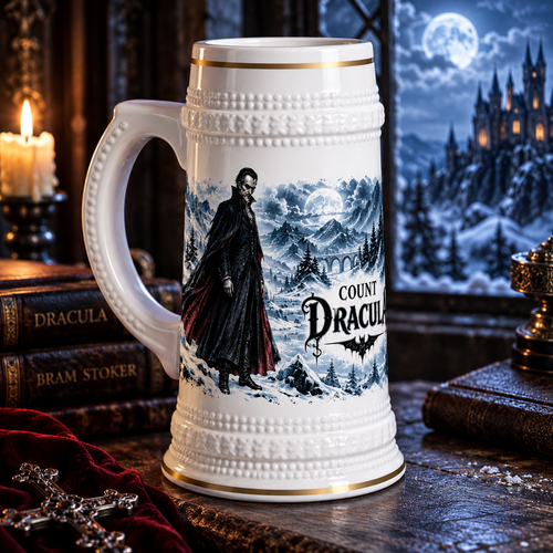 Dracula Carpathian winter 22oz ceramic beer stein with gold trim, alternate view
