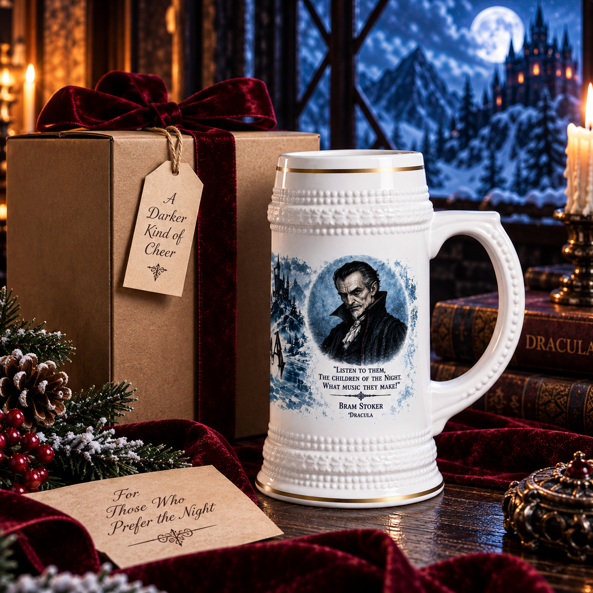 Dracula Carpathian winter 22oz ceramic beer stein with gold trim, alternate view