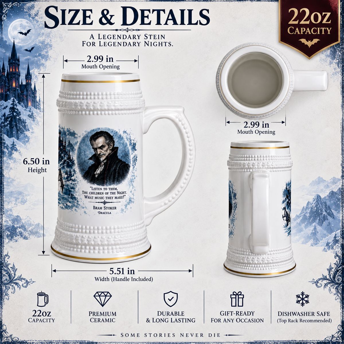 Dracula Carpathian winter 22oz ceramic beer stein with gold trim, alternate view