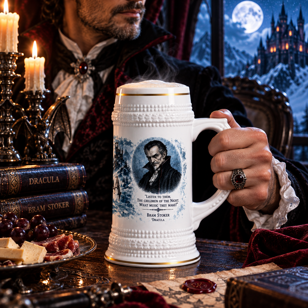 Dracula Carpathian winter 22oz ceramic beer stein with gold trim, alternate view