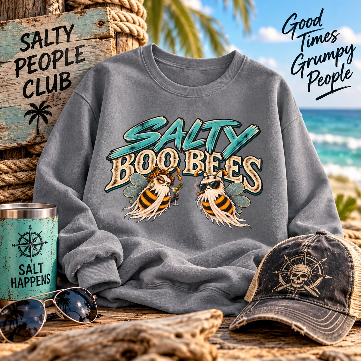 Comfort Colors crewneck sweatshirt printed with the Salty Boo Bees ghost bee design