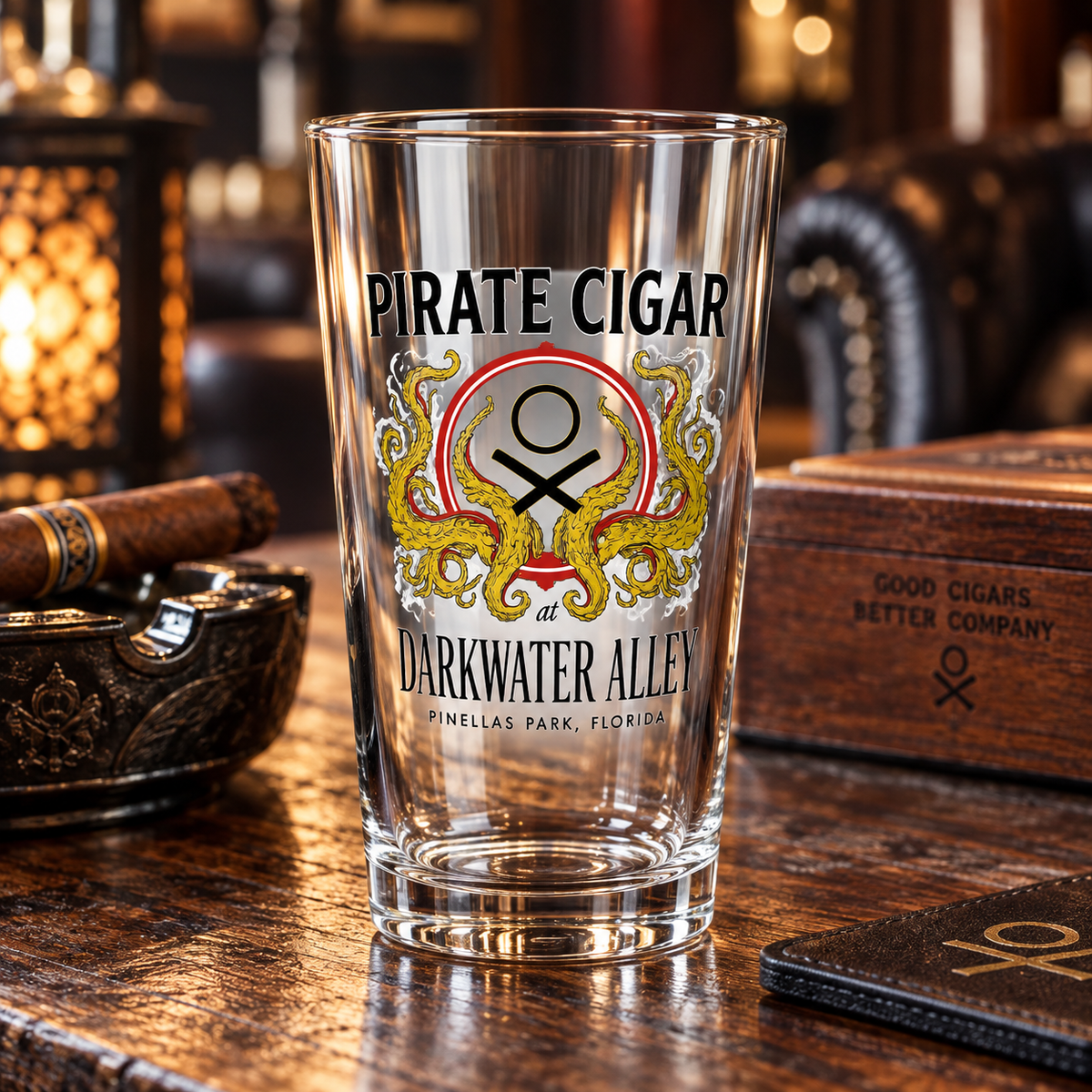 Kraken Cigar Lounge 16oz tempered pint glass with full color crest, alternate view