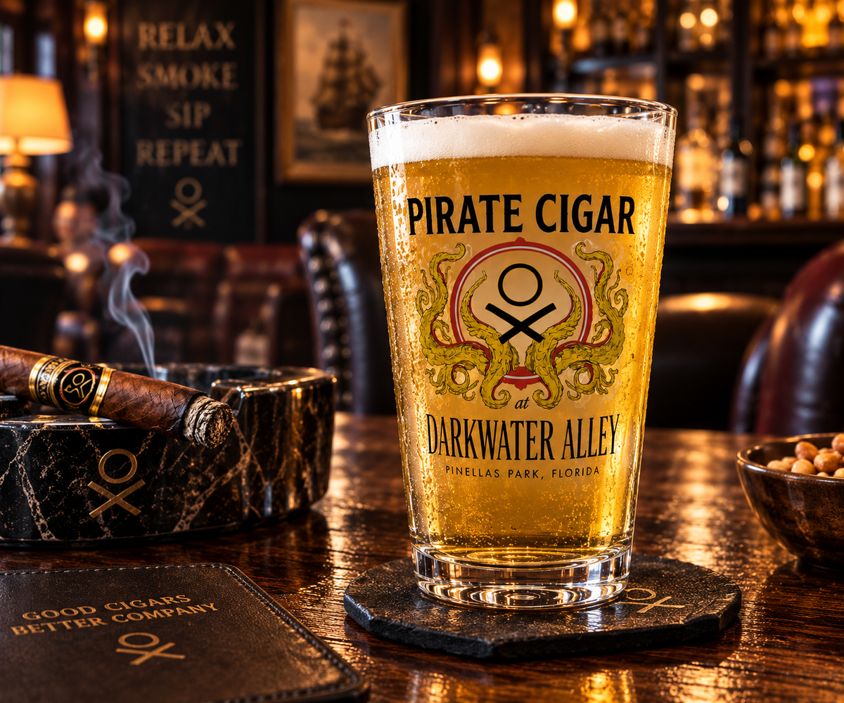 Kraken Cigar Lounge 16oz tempered pint glass with full color crest, alternate view