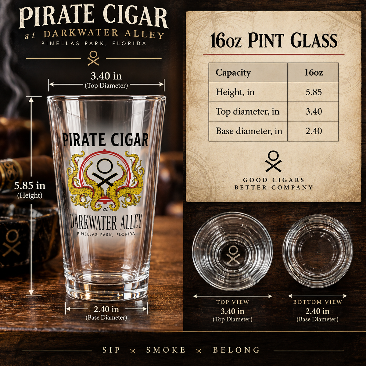 Kraken Cigar Lounge 16oz tempered pint glass with full color crest, alternate view