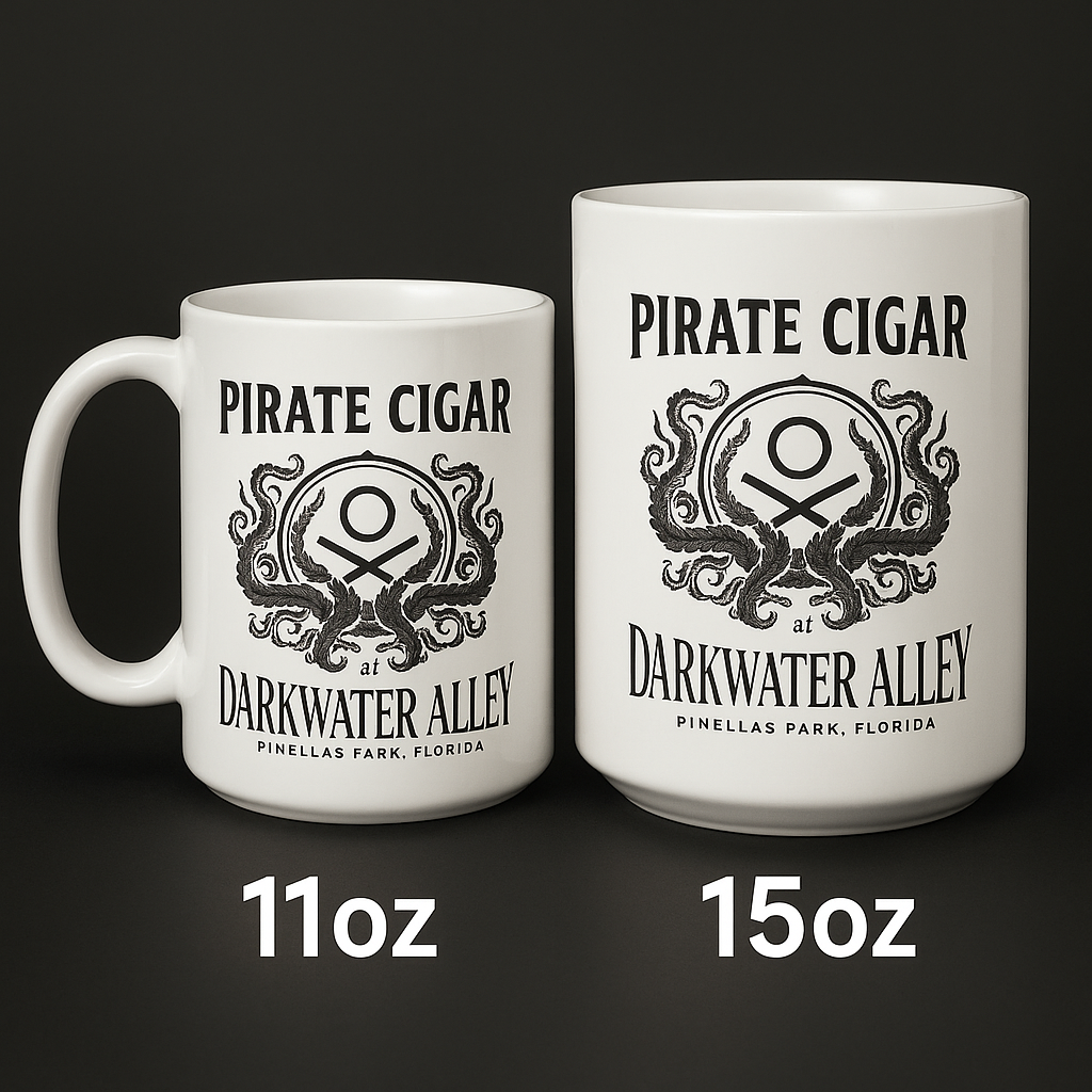 Pirate Cigar Darkwater Alley mug shown in 11oz and 15oz side by side for size