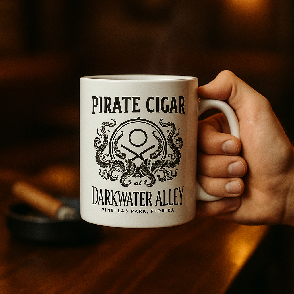 Hand holding the Pirate Cigar at Darkwater Alley kraken crest mug beside a cigar ashtray