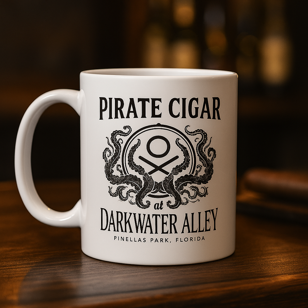 Pirate Cigar at Darkwater Alley kraken crest mug in white glossy ceramic on a wood table