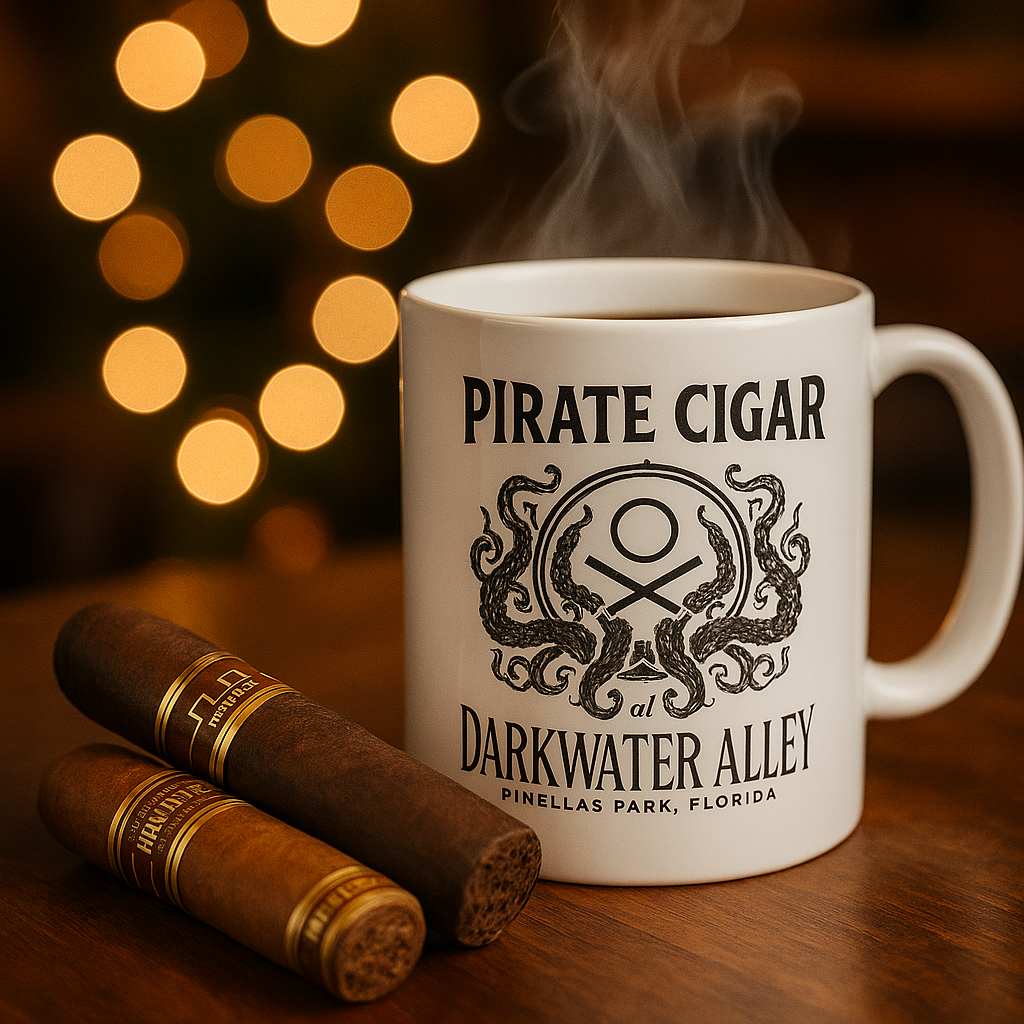 Steaming Pirate Cigar Darkwater Alley mug beside two cigars with warm lights behind