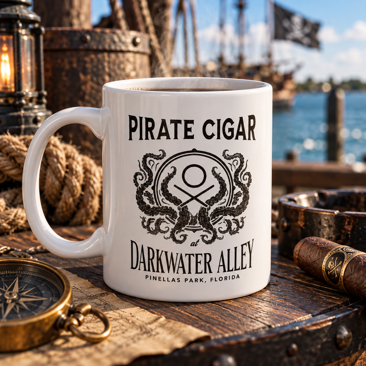 Pirate Cigar at Darkwater Alley kraken crest mug on a dockside barrel with a pirate ship behind