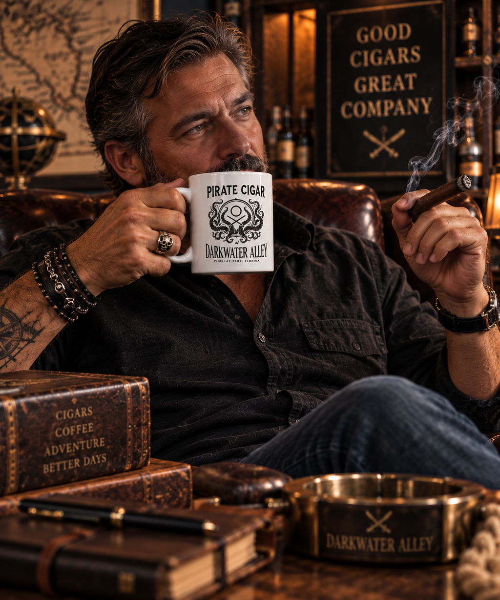 Pirate Cigar at Darkwater Alley kraken crest mug held in a cigar lounge