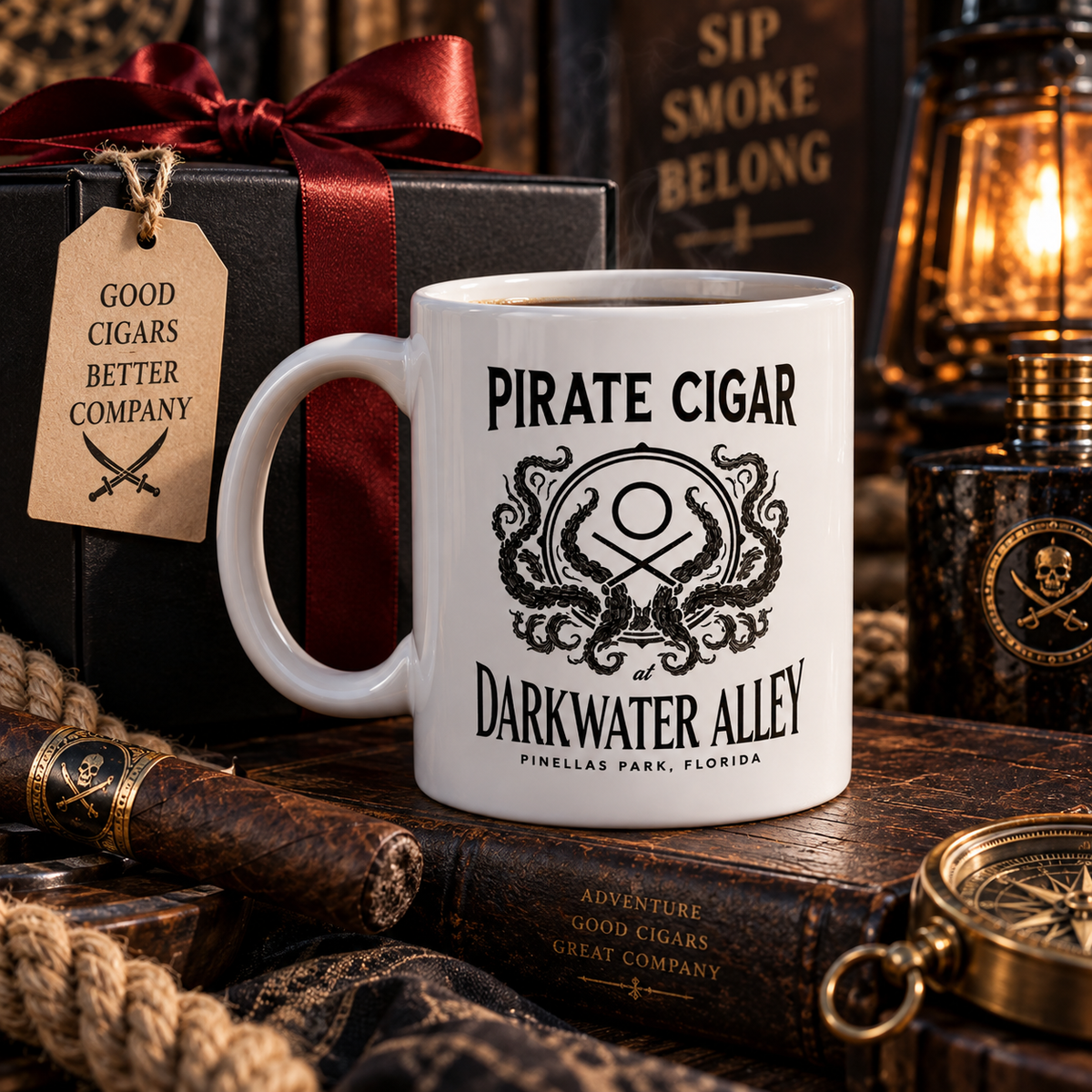 Pirate Cigar Darkwater Alley kraken crest mug beside a ribboned gift box and a lantern