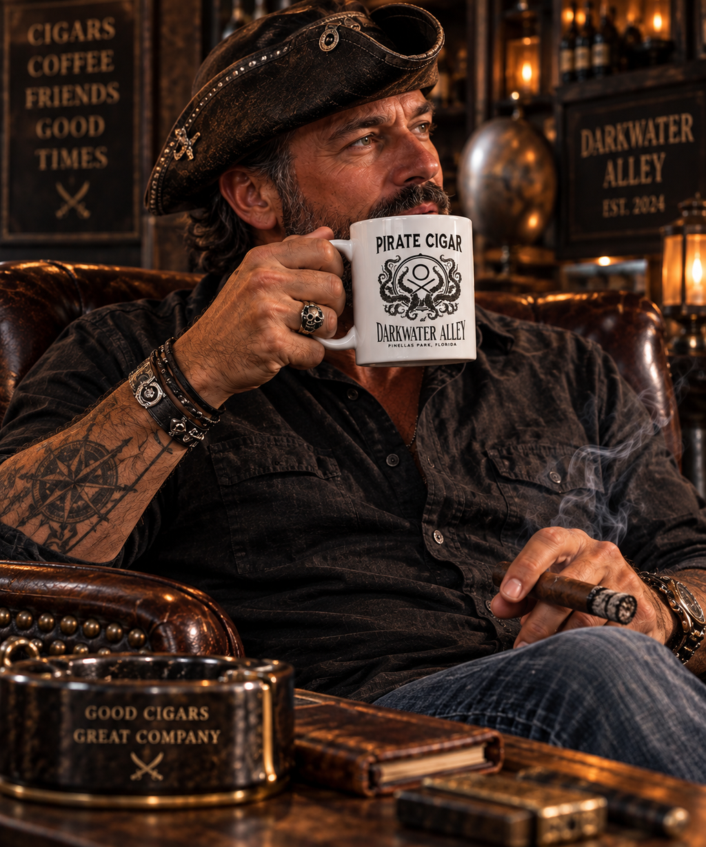 Pirate Cigar at Darkwater Alley kraken crest mug held in a cigar lounge, alternate view