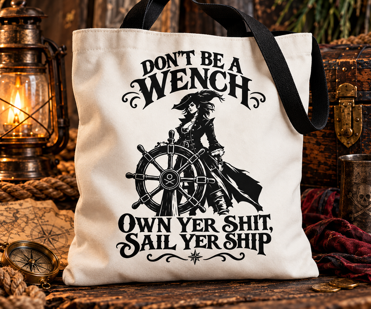 Don't Be A Wench pirate tote bag - white polyester tote printed in black with DON'T BE A WENCH, a lady pirate captain at the ship's wheel, and OWN YER SHIT, SAIL YER SHIP