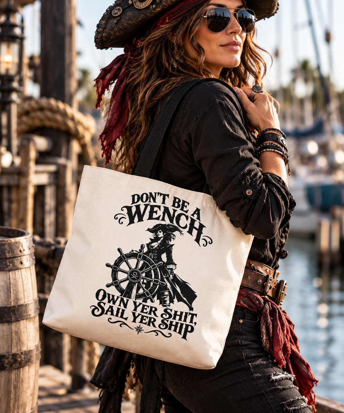 Don't Be A Wench pirate tote bag with a lady pirate captain at the ship's wheel and OWN YER SHIT, SAIL YER SHIP - alternate view