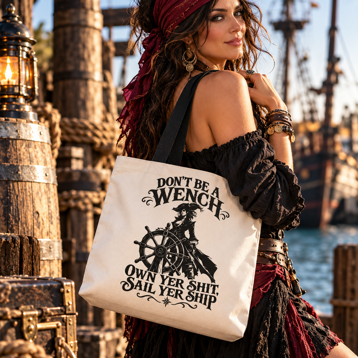 Don't Be A Wench pirate tote bag with a lady pirate captain at the ship's wheel and OWN YER SHIT, SAIL YER SHIP - alternate view