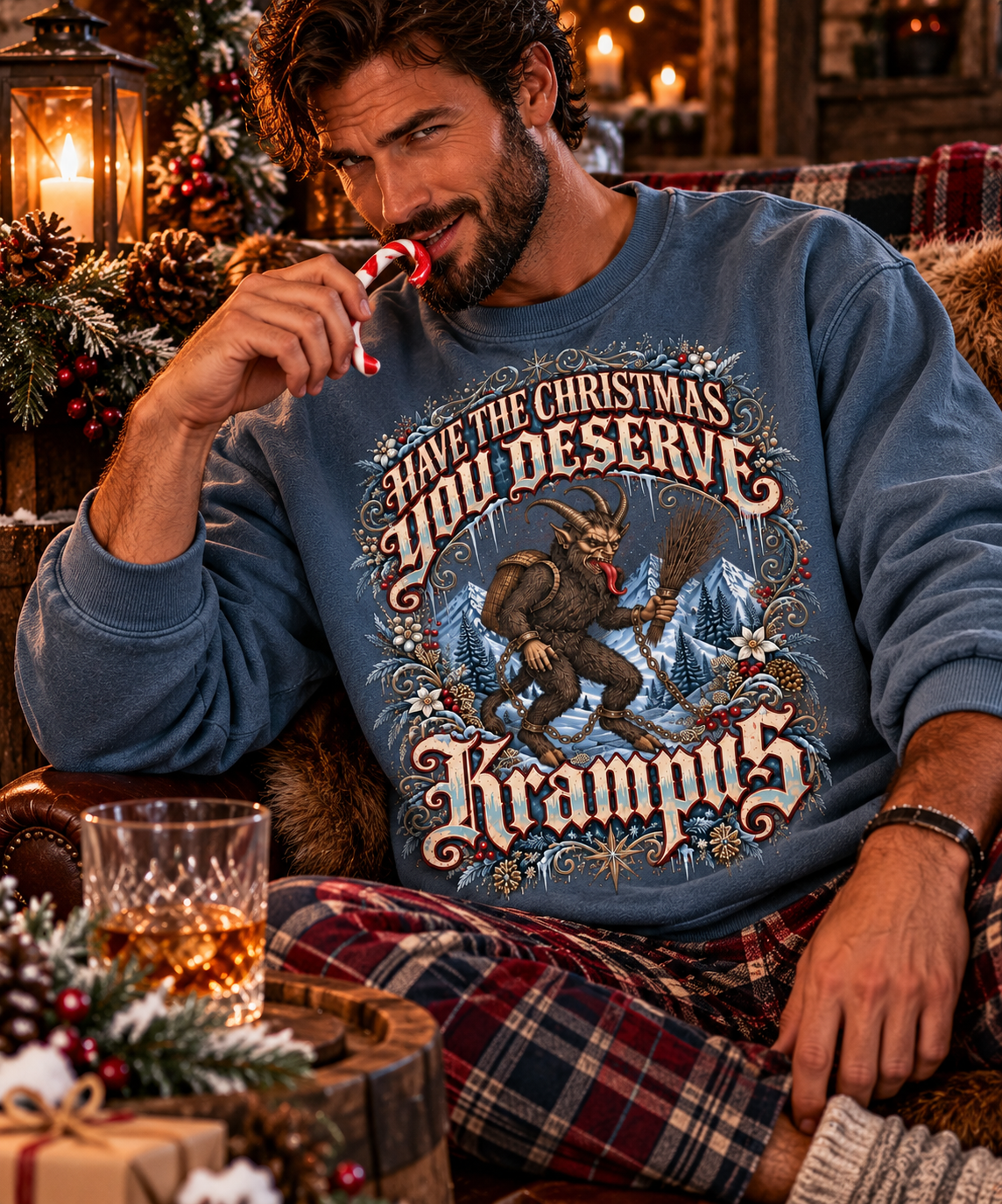 Krampus 'You Deserve It' crewneck sweatshirt, Comfort Colors 1466: Krampus with horns, chains and a birch switch under 'Have the Christmas You Deserve' with a Blackletter Krampus title