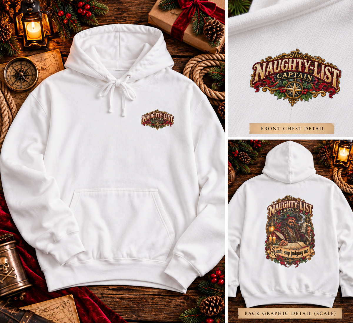Santa Stop Judging Me pirate Christmas hoodie: Naughty-List Captain crest on the chest and a pirate captain signing the naughty list on the back, Comfort Colors garment-dyed hoodie - alternate view