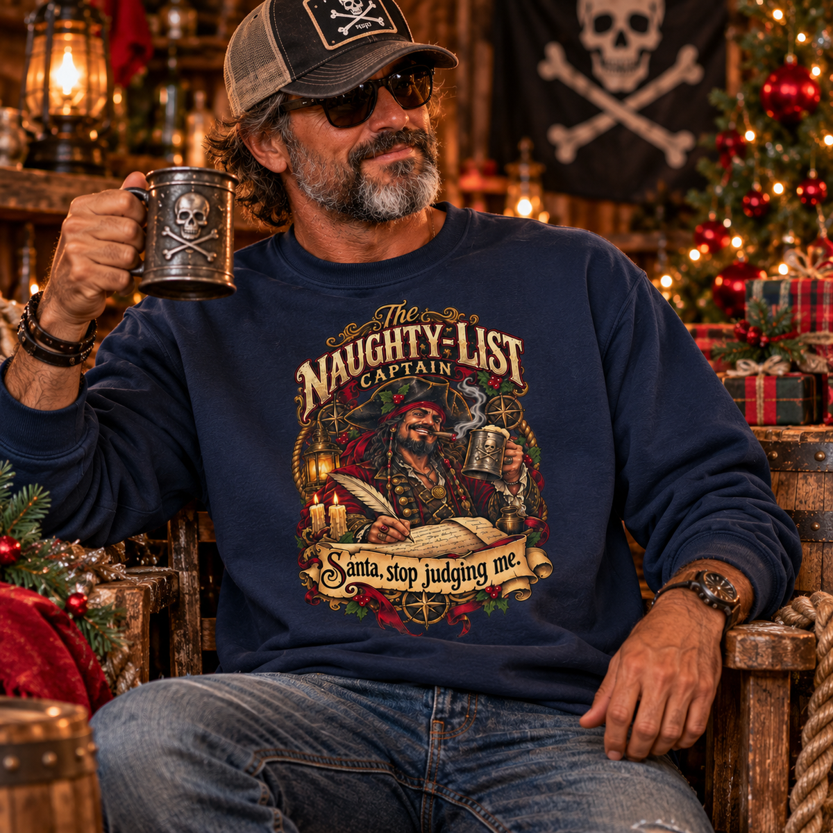 Santa Stop Judging Me pirate Christmas sweatshirt, Naughty-List Captain design on a Comfort Colors garment-dyed crewneck - alternate view