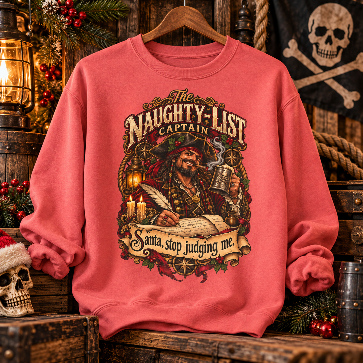 Santa Stop Judging Me pirate Christmas sweatshirt, Naughty-List Captain design on a Comfort Colors garment-dyed crewneck - alternate view