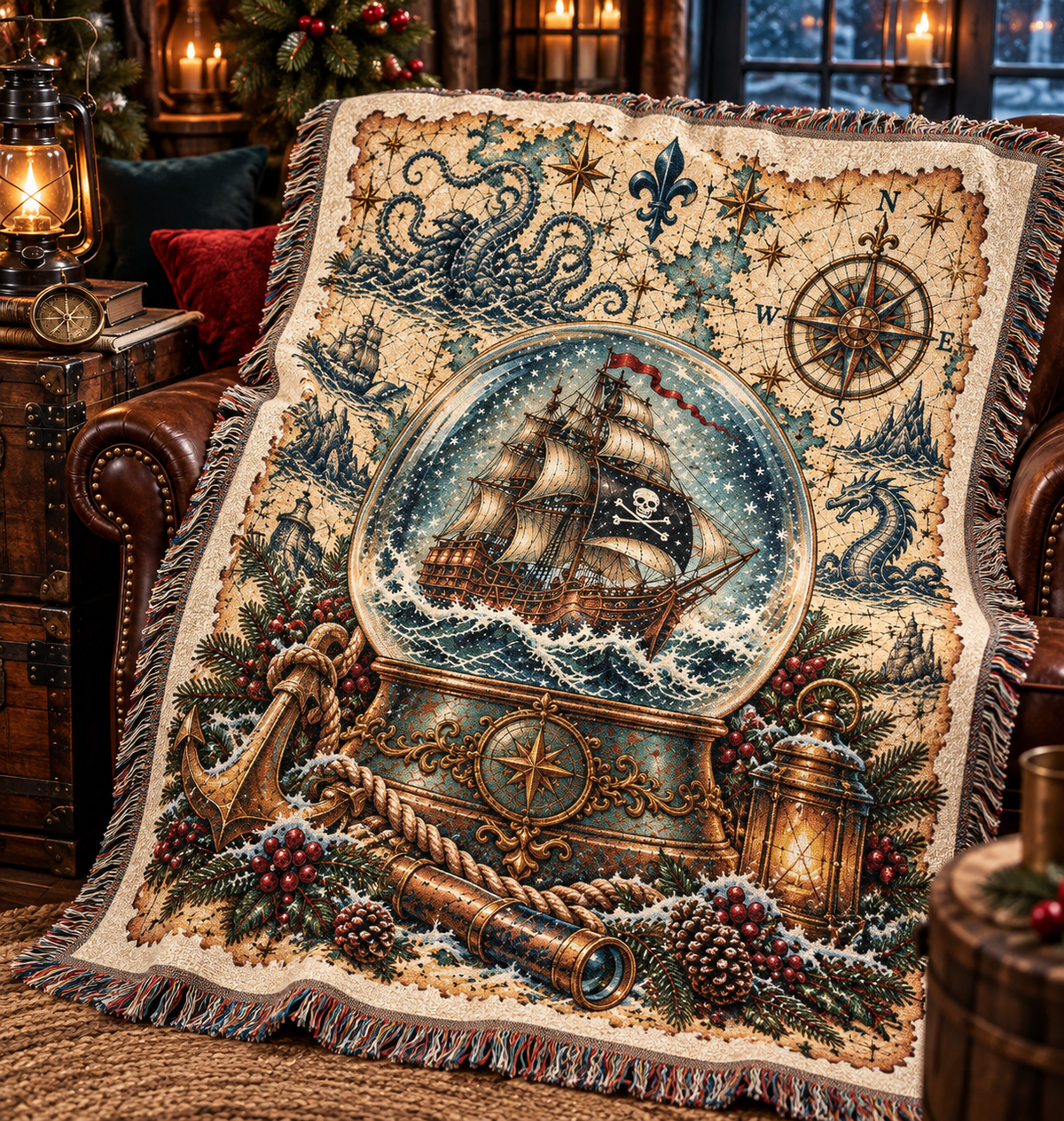 Pirate ship snow globe woven blanket draped on a leather armchair in a lantern-lit room
