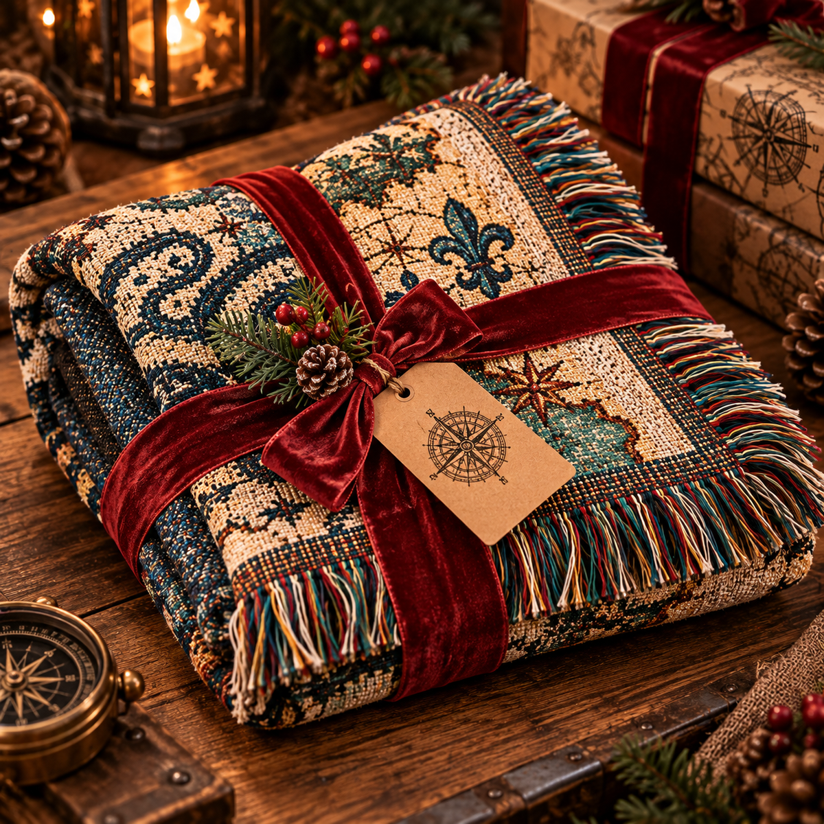 Pirate ship snow globe blanket folded and tied with a red velvet ribbon and gift tag