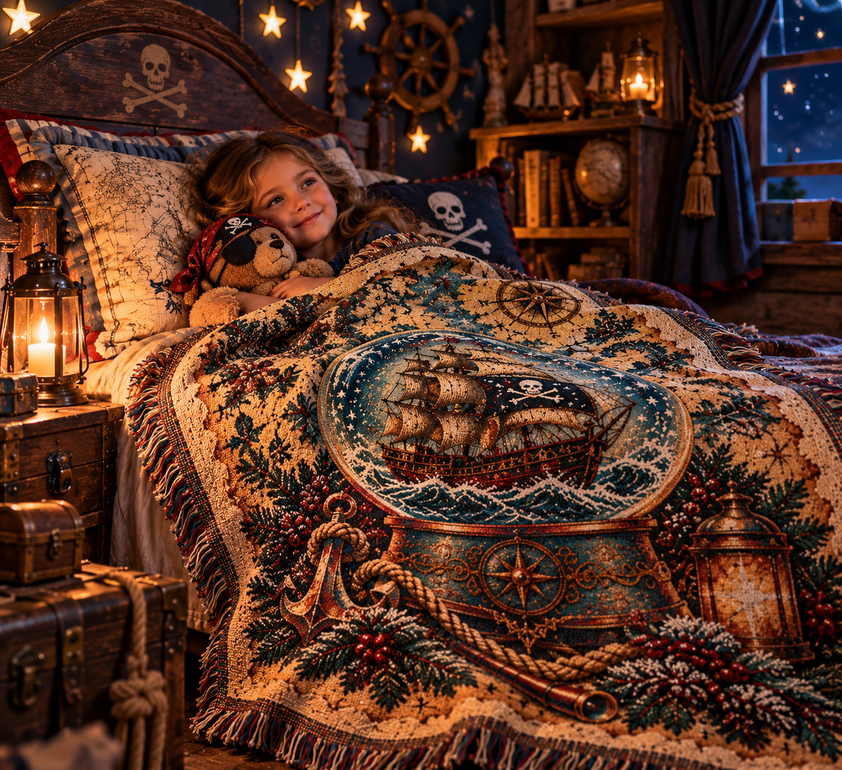 Child tucked into bed under the pirate ship snow globe woven blanket