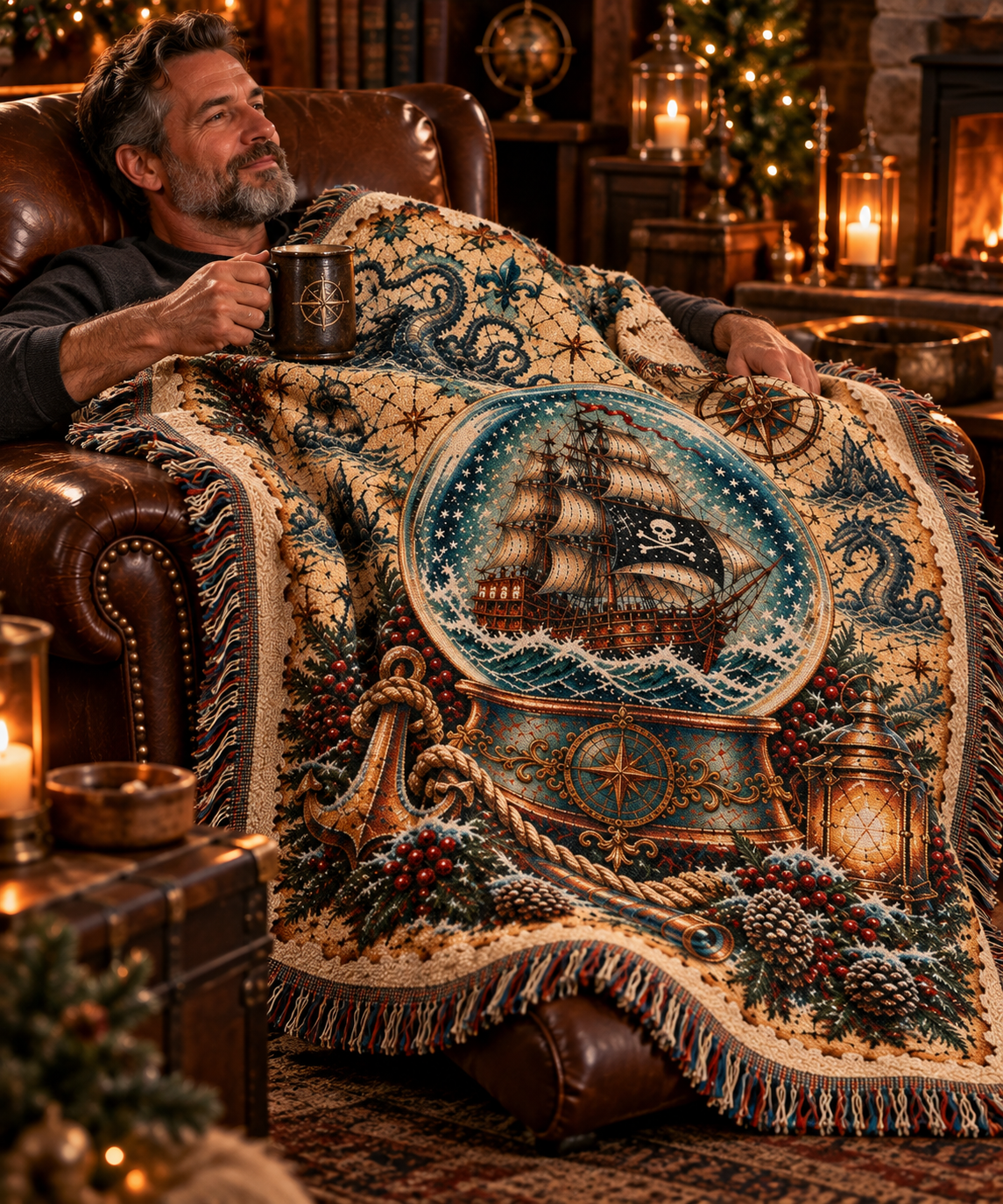 Man relaxing in a leather chair under the nautical Christmas woven blanket
