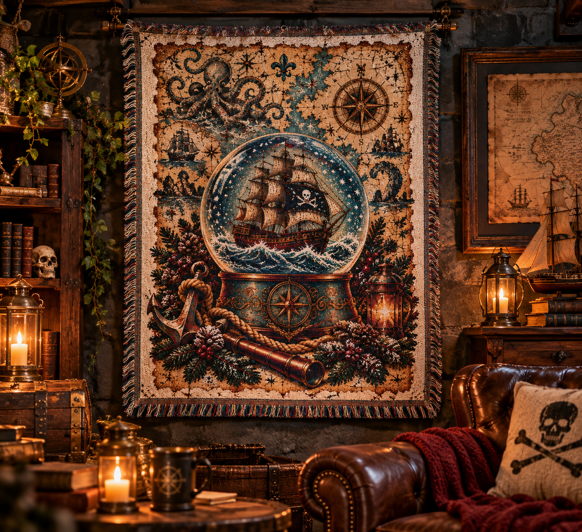 Pirate ship snow globe tapestry blanket hung on a wall as art