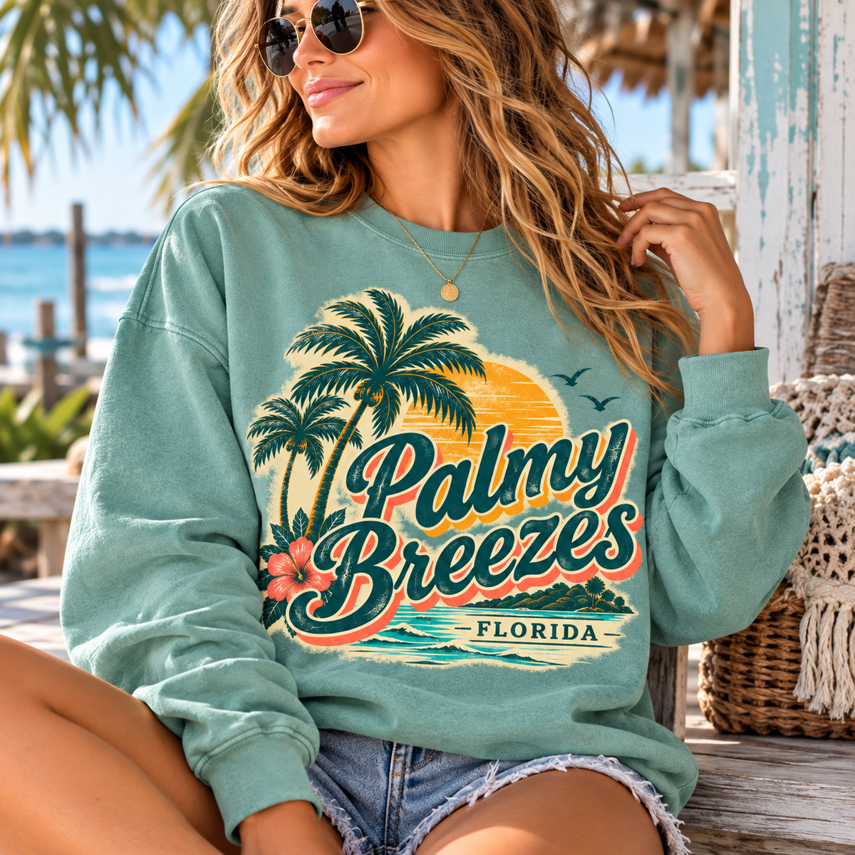 Palmy Breezes Florida sweatshirt with retro palm trees, a golden sun and turquoise waves on a Comfort Colors crewneck