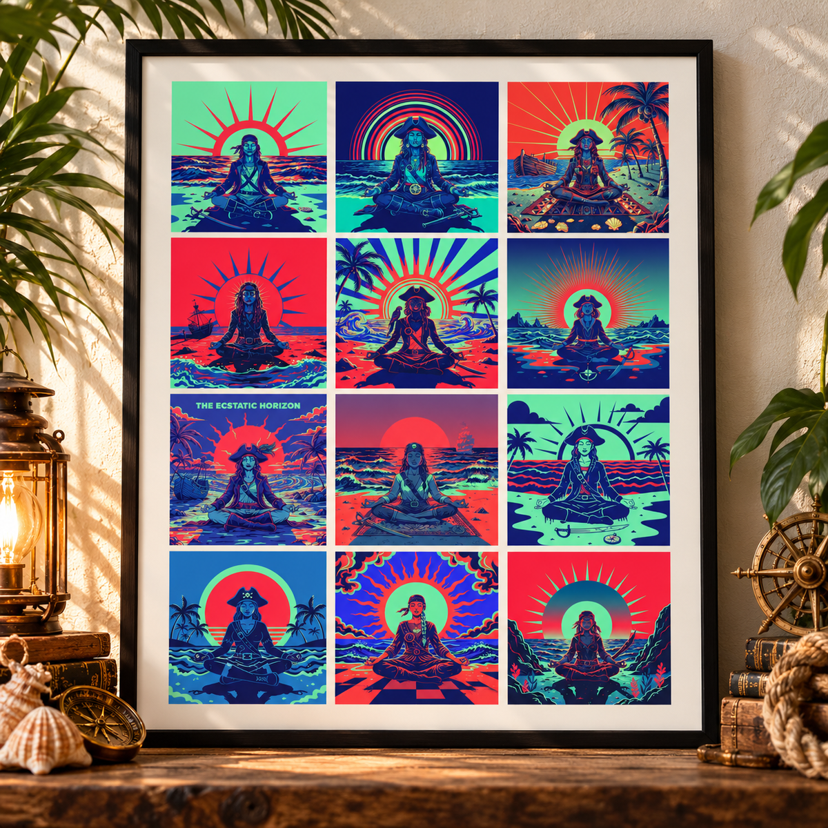 Pirate Zen Meditation Wall Art poster: 12 square panels of female pirates in tricorn hats meditating in lotus pose on the shore, with radiating suns, palm trees and surf in seafoam green, cobalt, indigo and coral red