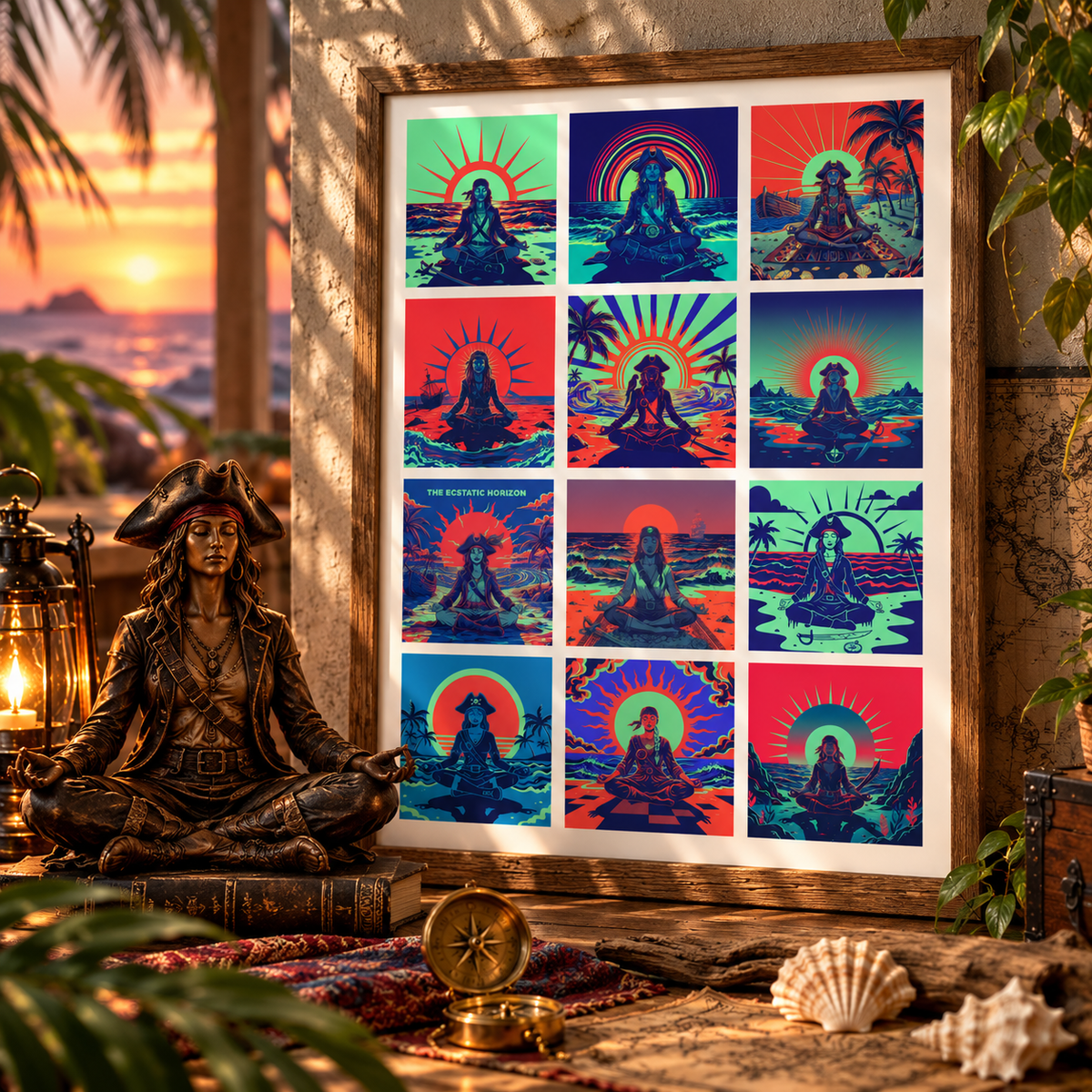 Pirate Zen Meditation Wall Art poster, 12 panels of meditating female pirates in seafoam green, cobalt and coral red - alternate view