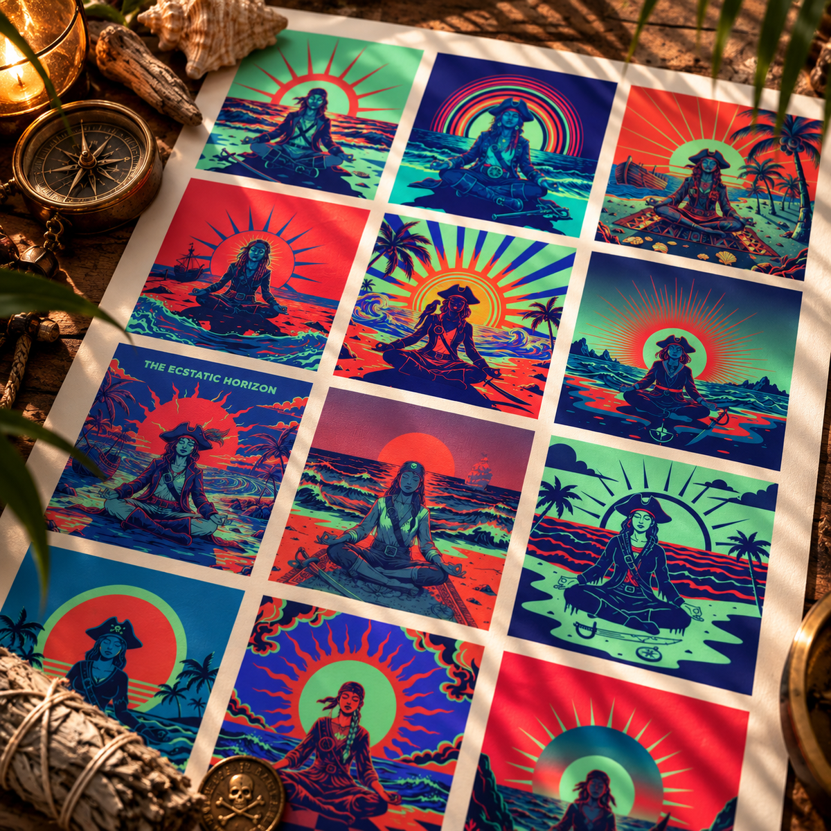 Pirate Zen Meditation Wall Art poster, 12 panels of meditating female pirates in seafoam green, cobalt and coral red - alternate view