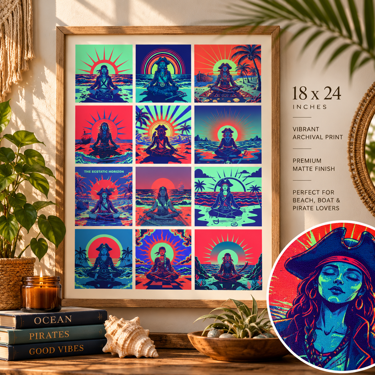 Pirate Zen Meditation Wall Art poster, 12 panels of meditating female pirates in seafoam green, cobalt and coral red - alternate view